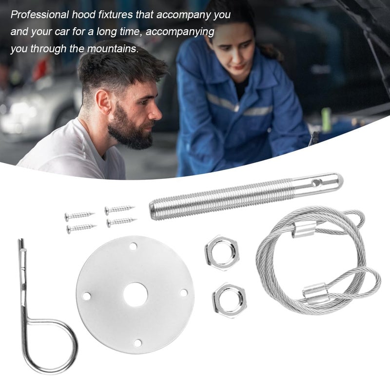 Sandfren Car Hood Pins Kit, Stainless Steel Vehicle Engine Pin Plate Bonnet Lock Clip, Modified Auto Racing Exterior Locking Latches Lanyard Rope Set for Reducing Shaking, Universal Fit (Silver) - Image 4